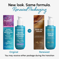 MAREE Hair Oil bottle closeup shows lightweight formula for everyday shine.