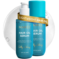 MAREE Hair Oil bottle pours for smooth, frizz-controlled styling.