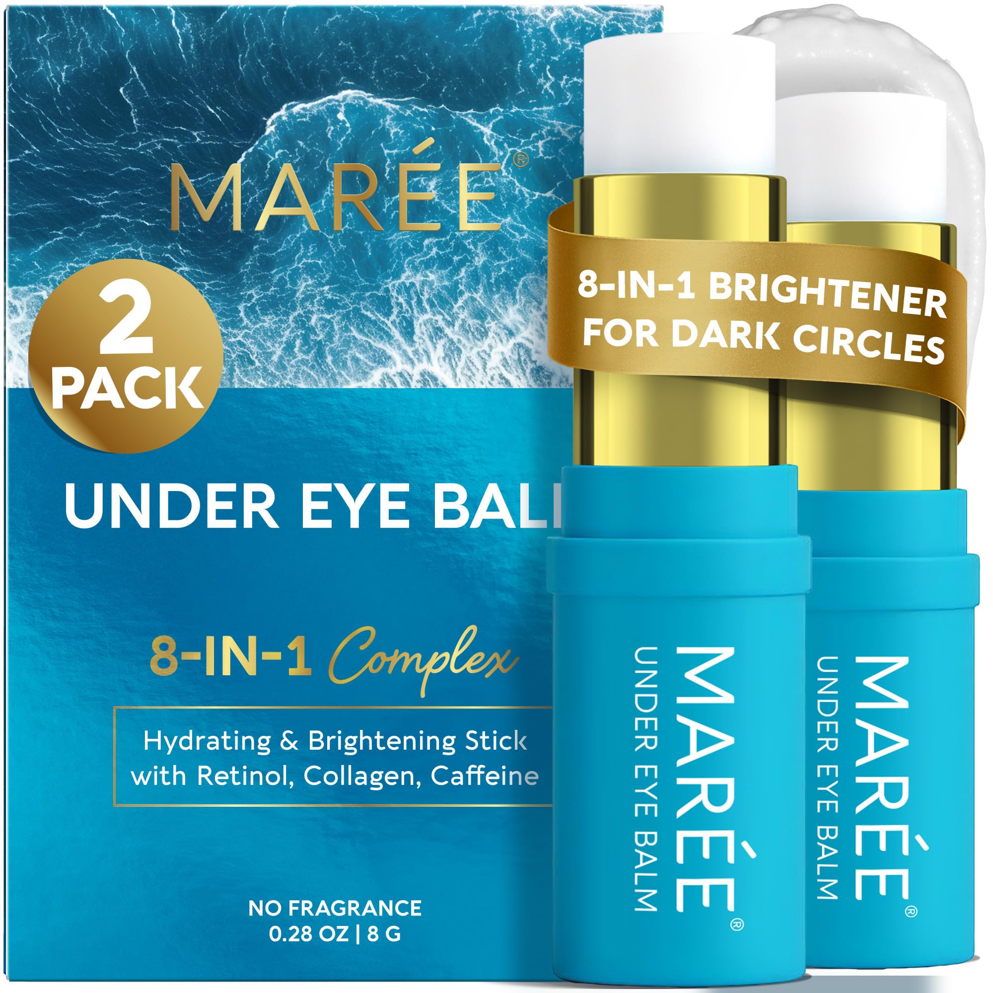 MAREE Under Eye Balm Stick 2-Pack packaging close-up highlights convenient two-pack hydration.