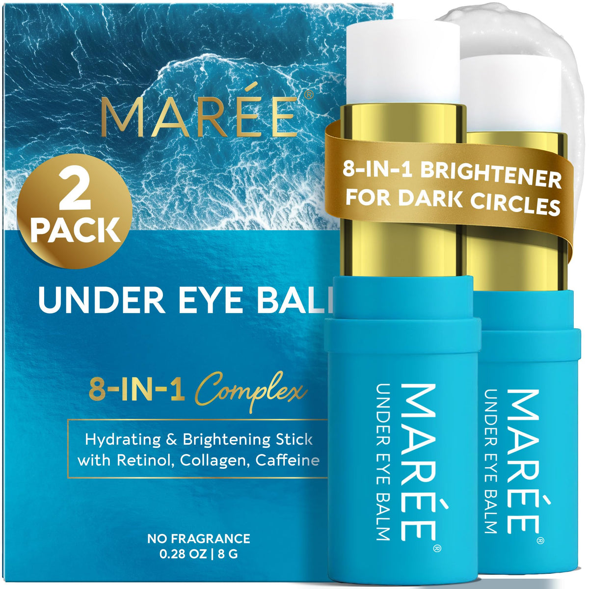 MAREE Under Eye Balm Stick 2-Pack packaging close-up highlights convenient two-pack hydration.