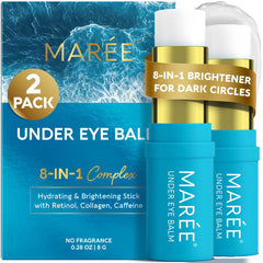 MAREE Under Eye Balm Stick 2-Pack packaging close-up highlights convenient two-pack hydration.