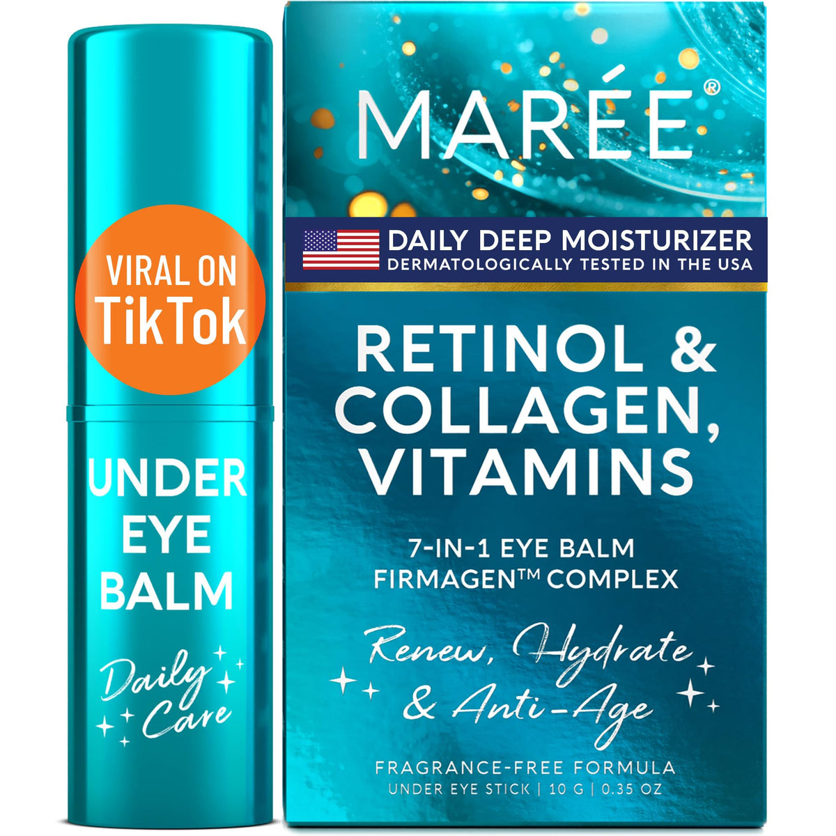 MAREE Under Eye Balm Stick packaging closeup with gluten-free label