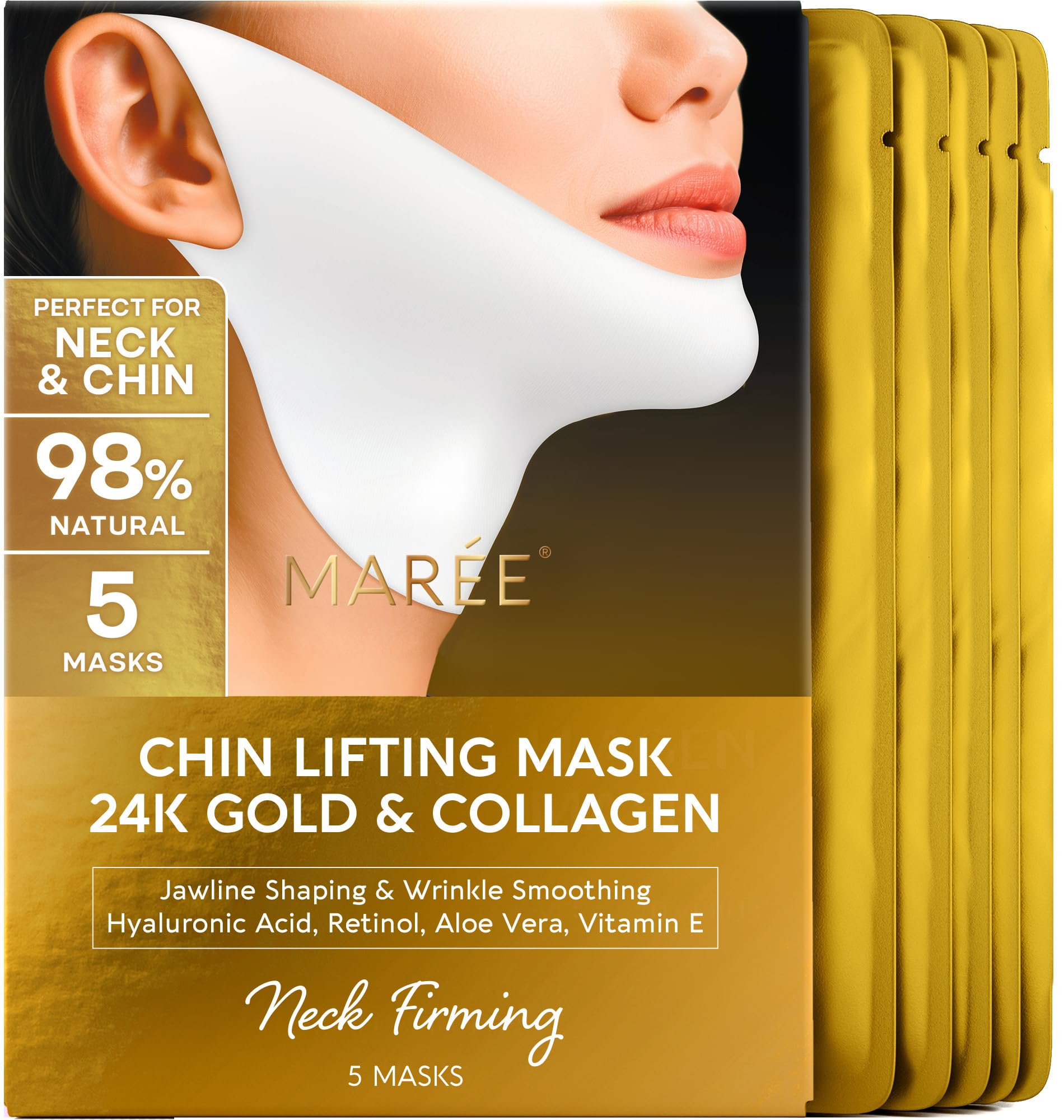 MAREE V Line Mask 24K Gold packaging showcases luxury hydrogel for at-home spa rituals.