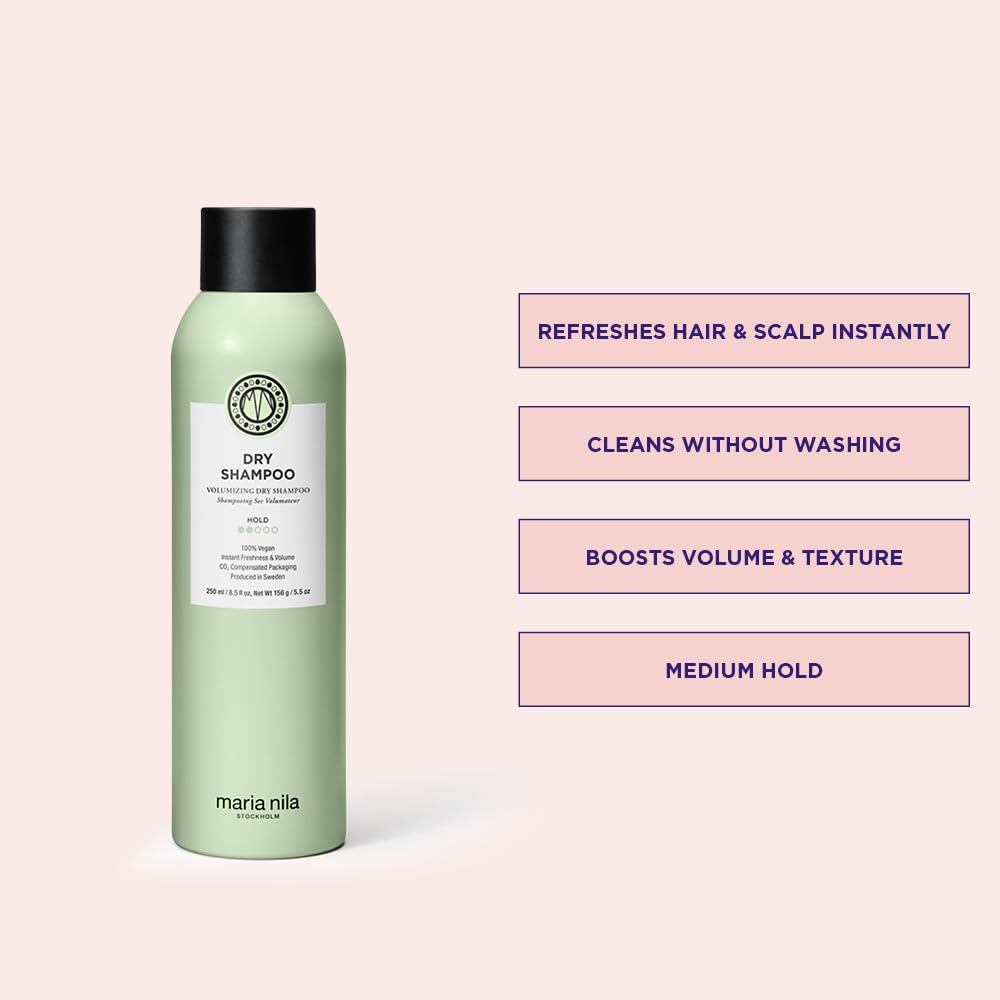 Maria Nila Dry Shampoo spray application demonstrates quick refresh for busy mornings.