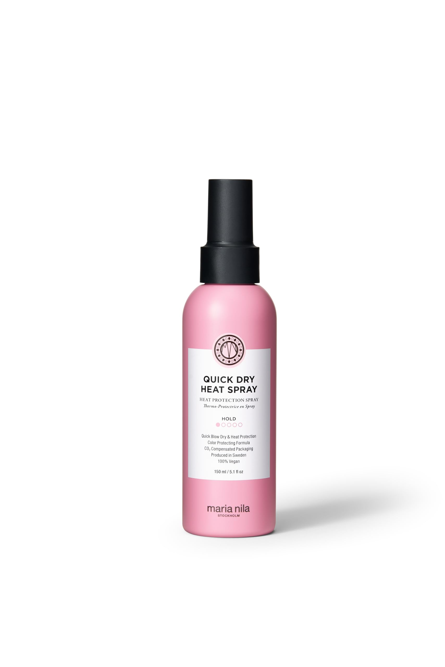 Maria Nila Quick Dry Heat Spray bottle front view demonstrates heat protection