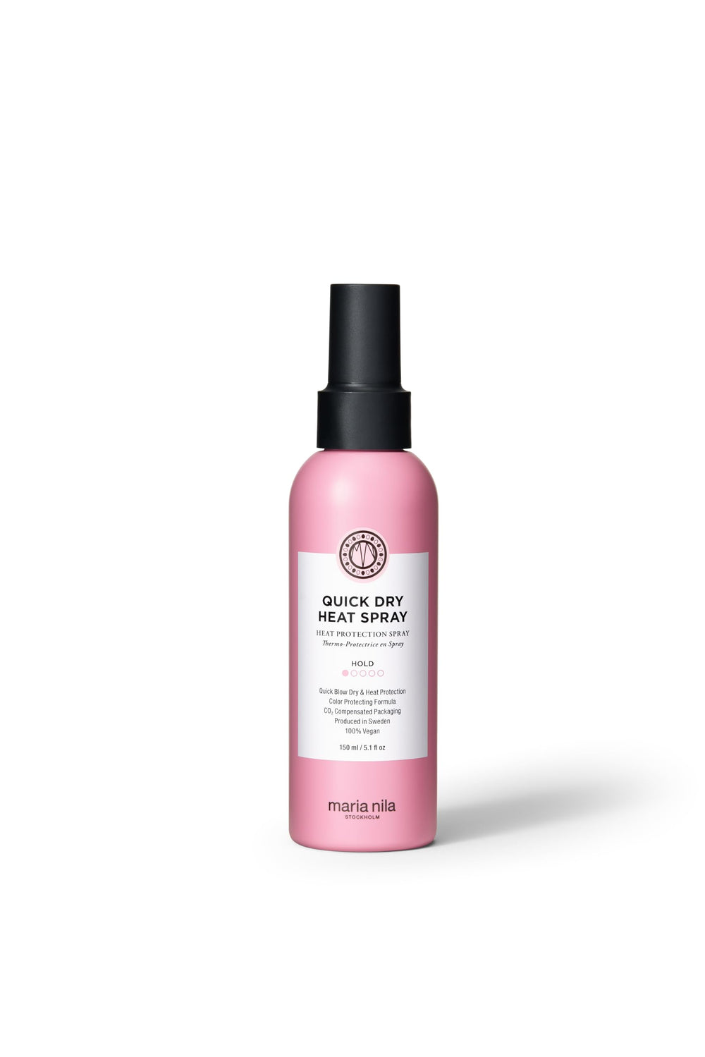 Maria Nila Quick Dry Heat Spray bottle front view demonstrates heat protection