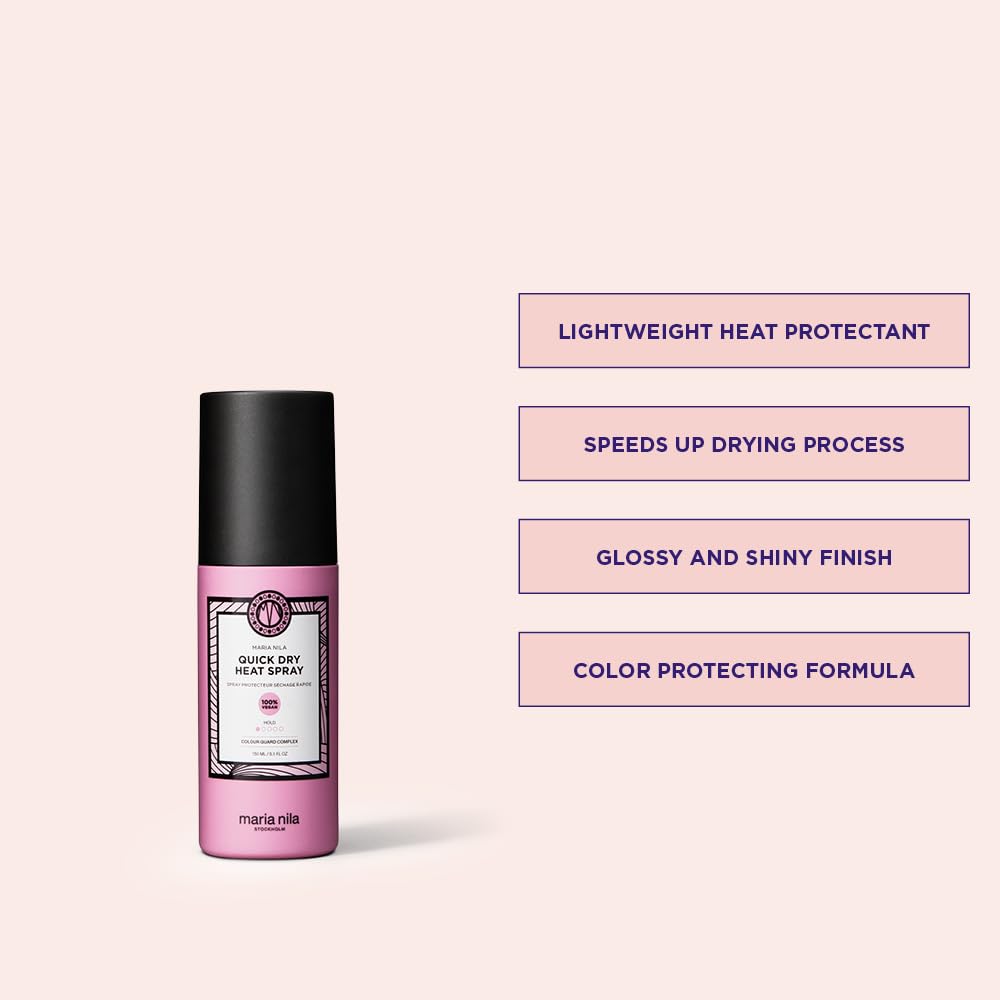 Maria Nila Quick Dry Heat Spray bottle side view highlighting travel-friendly design