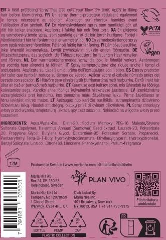 Maria Nila Quick Dry Heat Spray vegan and cruelty-free certification label