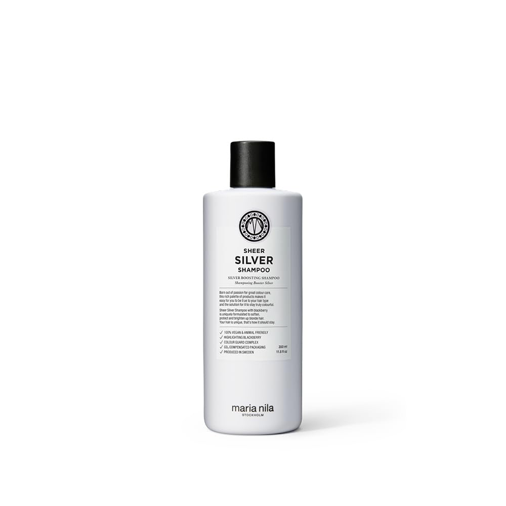 Maria Nila Sheer Silver shampoo bottle top view neutralizing warm golden tones in blond hair