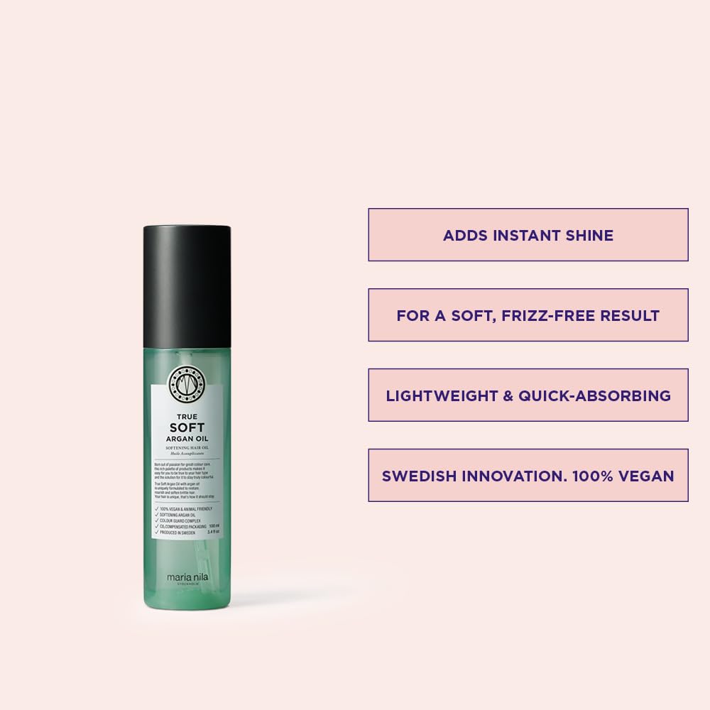 Maria Nila True Soft Argan Oil dispenser shows easy application on towel-dried hair