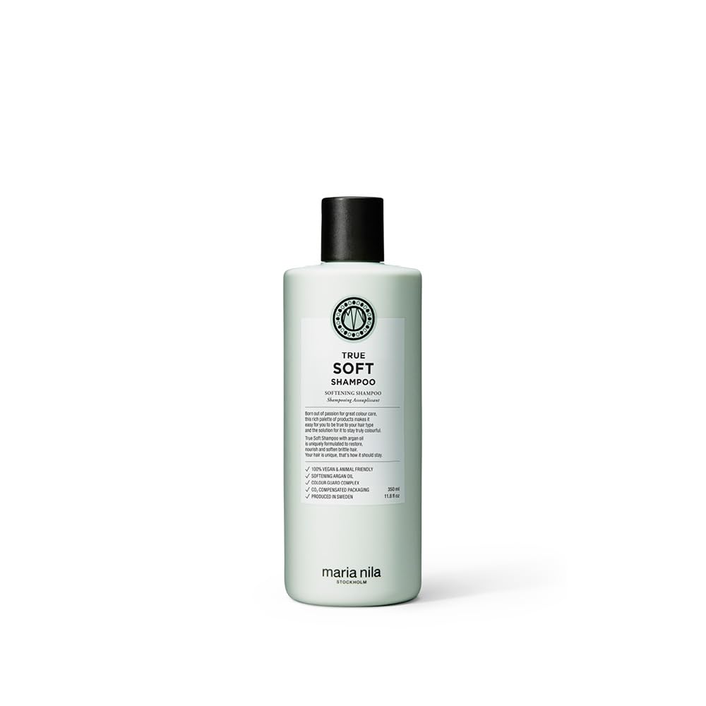 Maria Nila True Soft Shampoo bottle shows nourishing formula for dry hair.