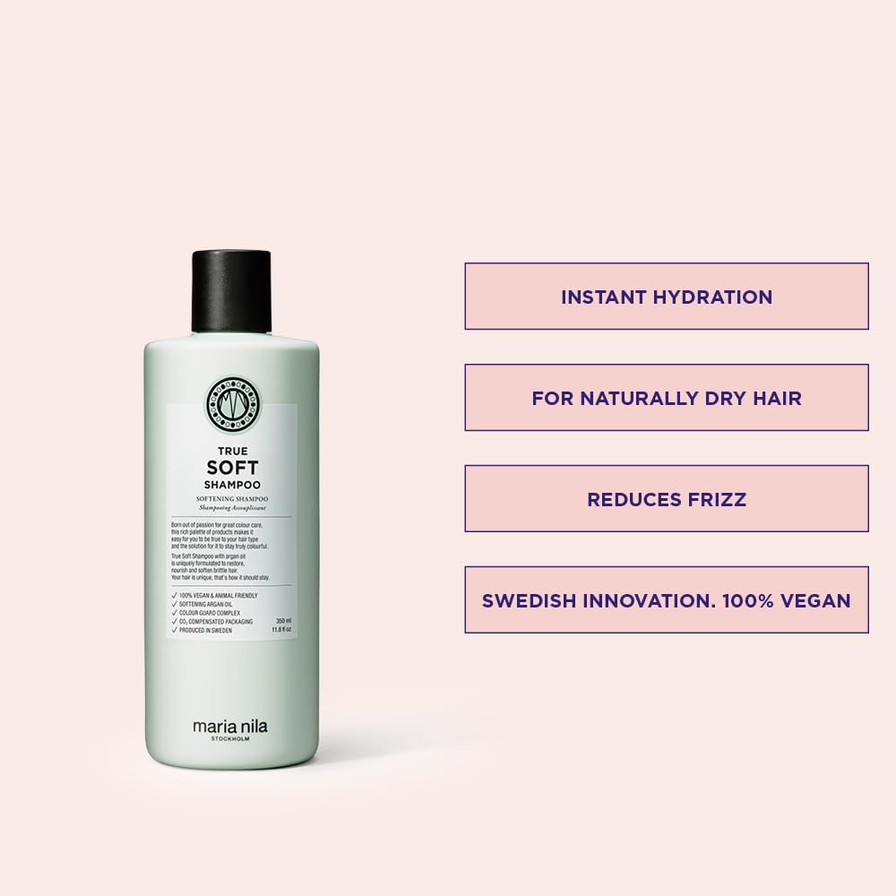 Maria Nila True Soft Shampoo creamy lather highlights gentle cleansing for dry hair.