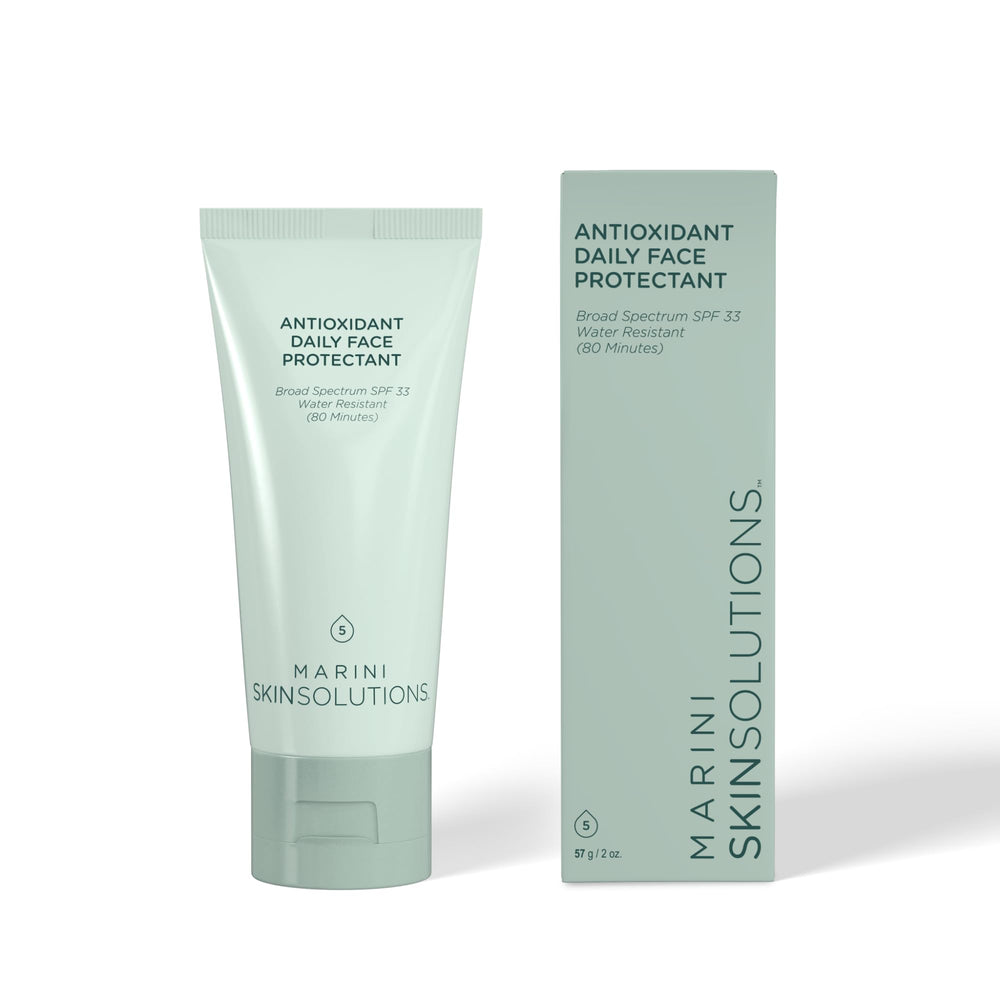 Marini SkinSolutions antioxidant daily face protectant bottle offers broad-spectrum SPF 33 protection for daily wear.