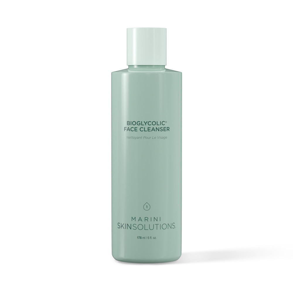 Marini SkinSolutions Bioglycolic cleanser bottle closeup highlights gentle resurfacing