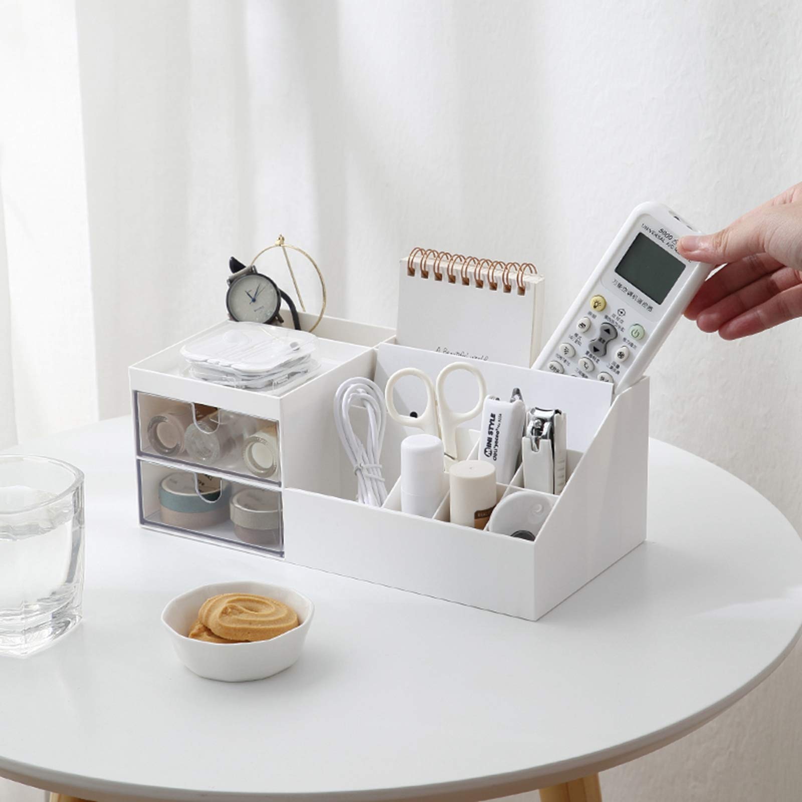 Marknor office desk storage demonstrates multi-use for cosmetics and stationery.