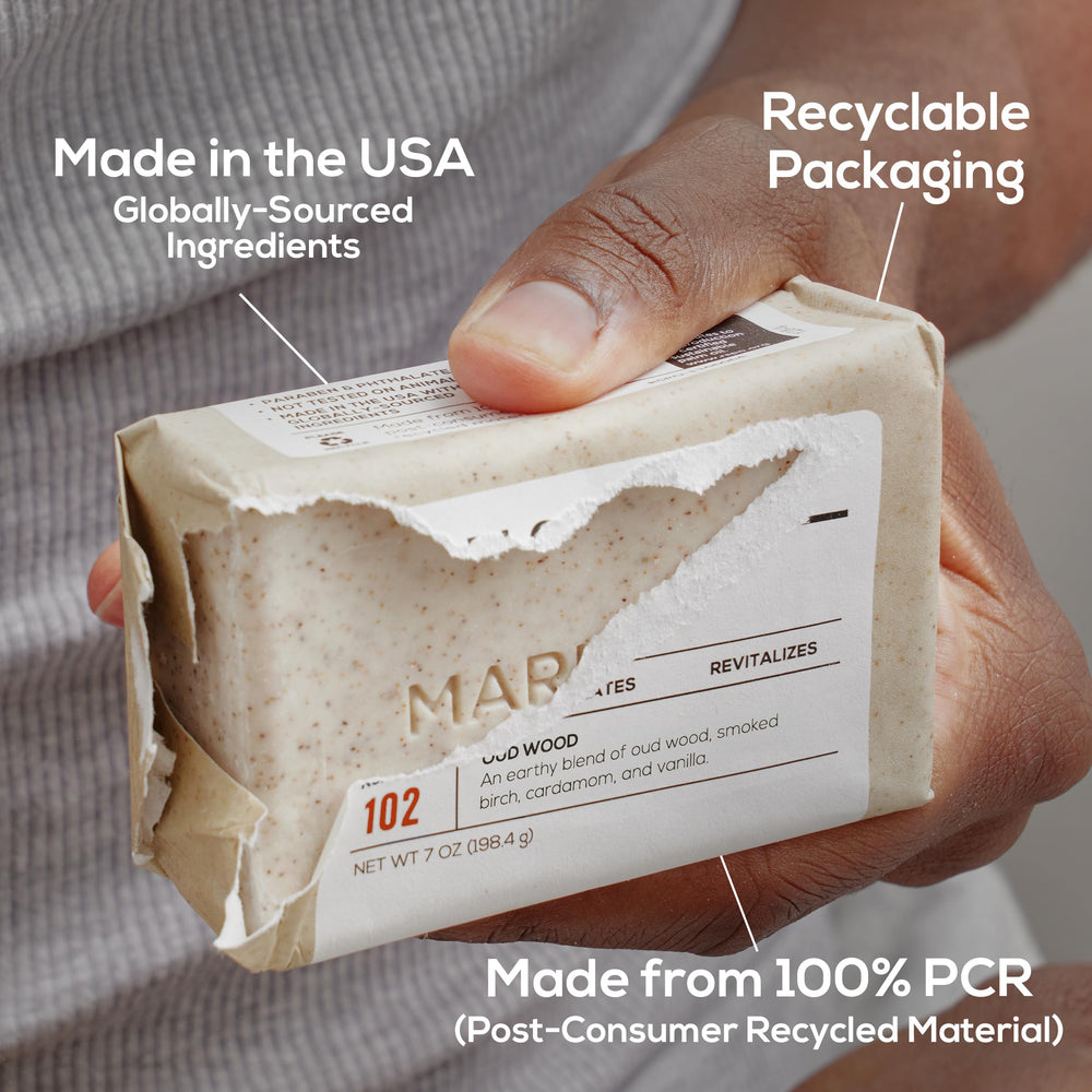 MARLOWE No. 102 recycled-wrapper packaging highlights post-consumer materials.