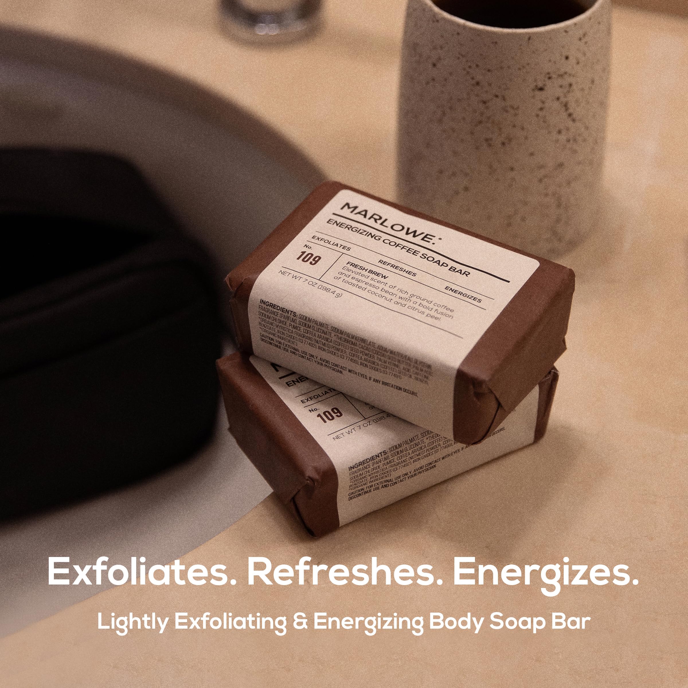 Marlowe No.109 Coffee Bar Soap detail: exfoliating grains for smoother skin.