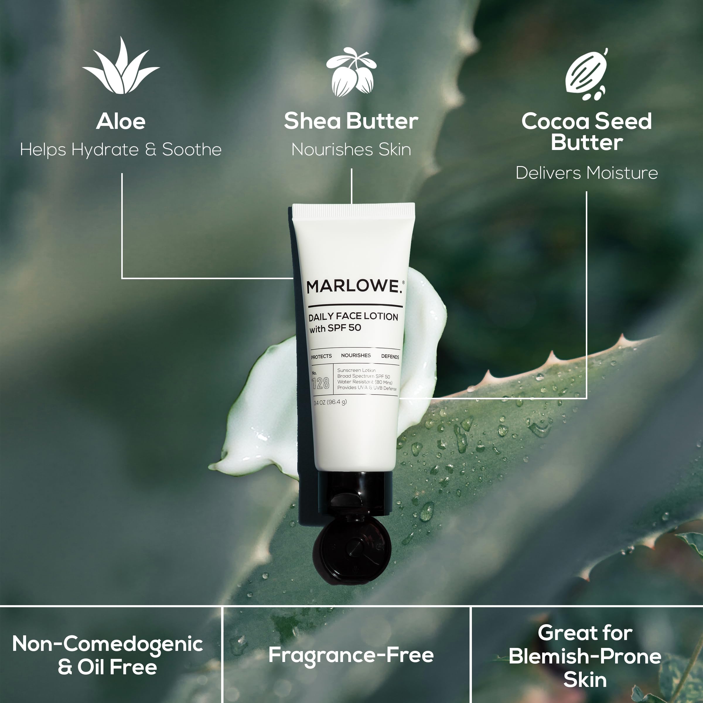 MARLOWE. No. 128 bottle back highlights ingredients and cruelty-free, USA-made formula.