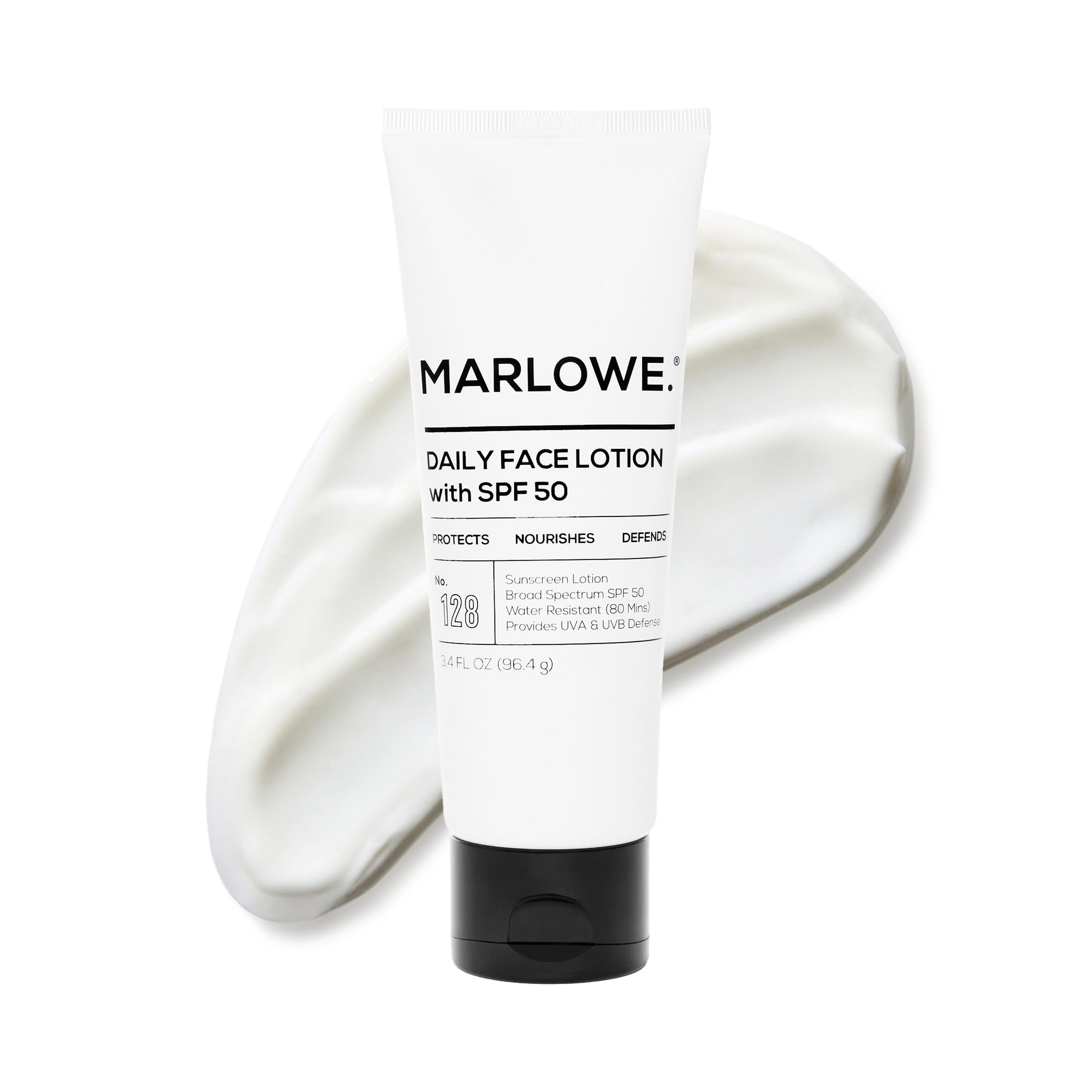 MARLOWE. No. 128 SPF 50 face lotion bottle front for daily sun protection.