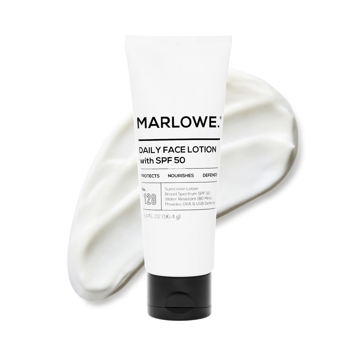 MARLOWE. No. 128 SPF 50 face lotion bottle front for daily sun protection.