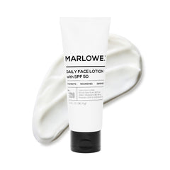 MARLOWE. No. 128 SPF 50 face lotion bottle front for daily sun protection.