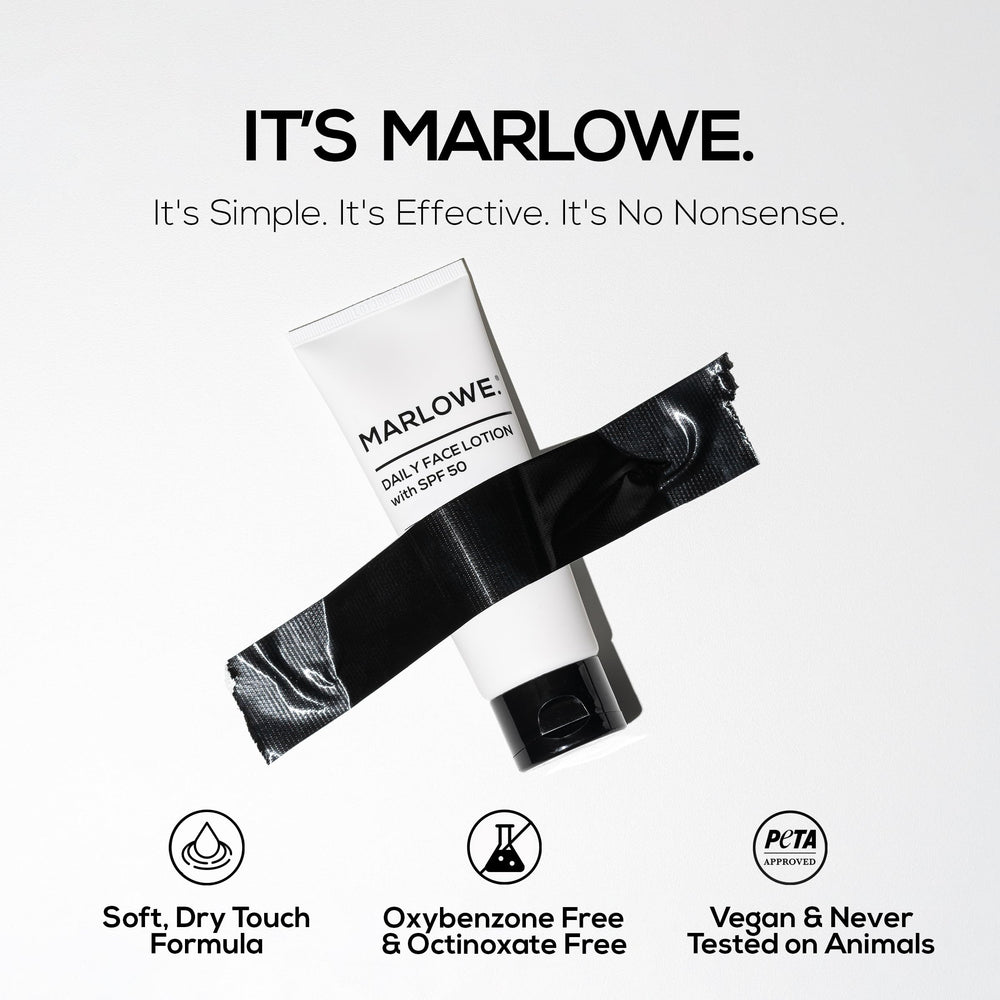 MARLOWE. No. 128 SPF 50 bottle pictured for outdoor daily use before a commute.