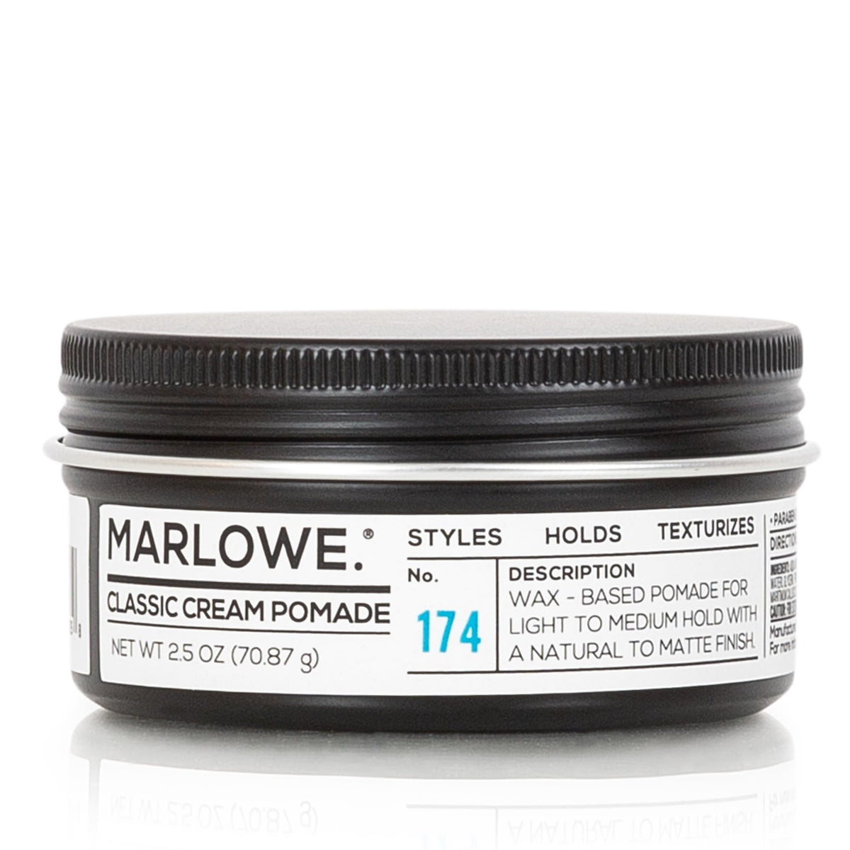 MARLOWE No.174 pomade jar closeup with a versatile moisture-rich styling option.