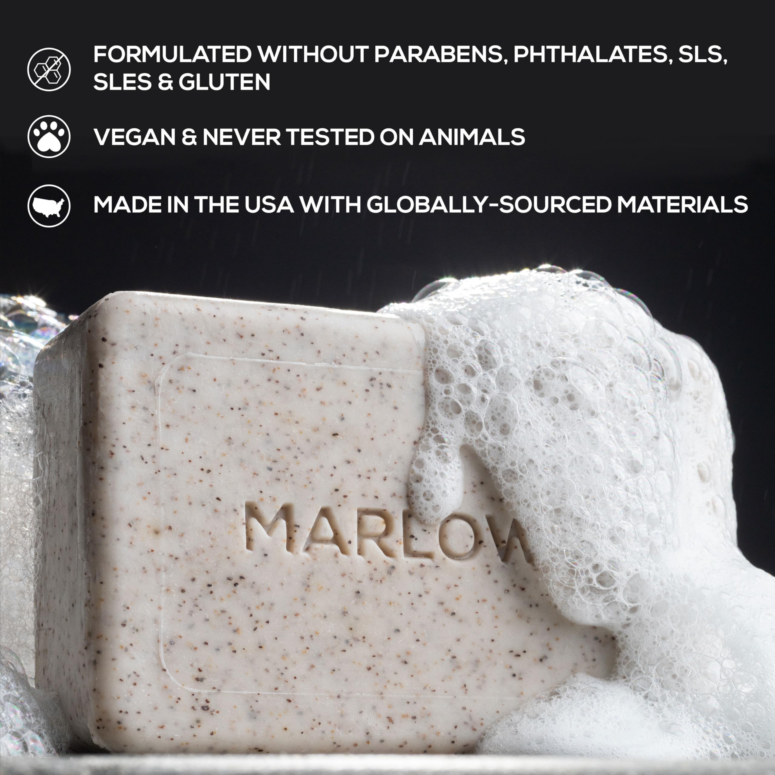 MARLOWE No.102 Oud Wood bar closeup emphasizes earthy aroma and scrub action.