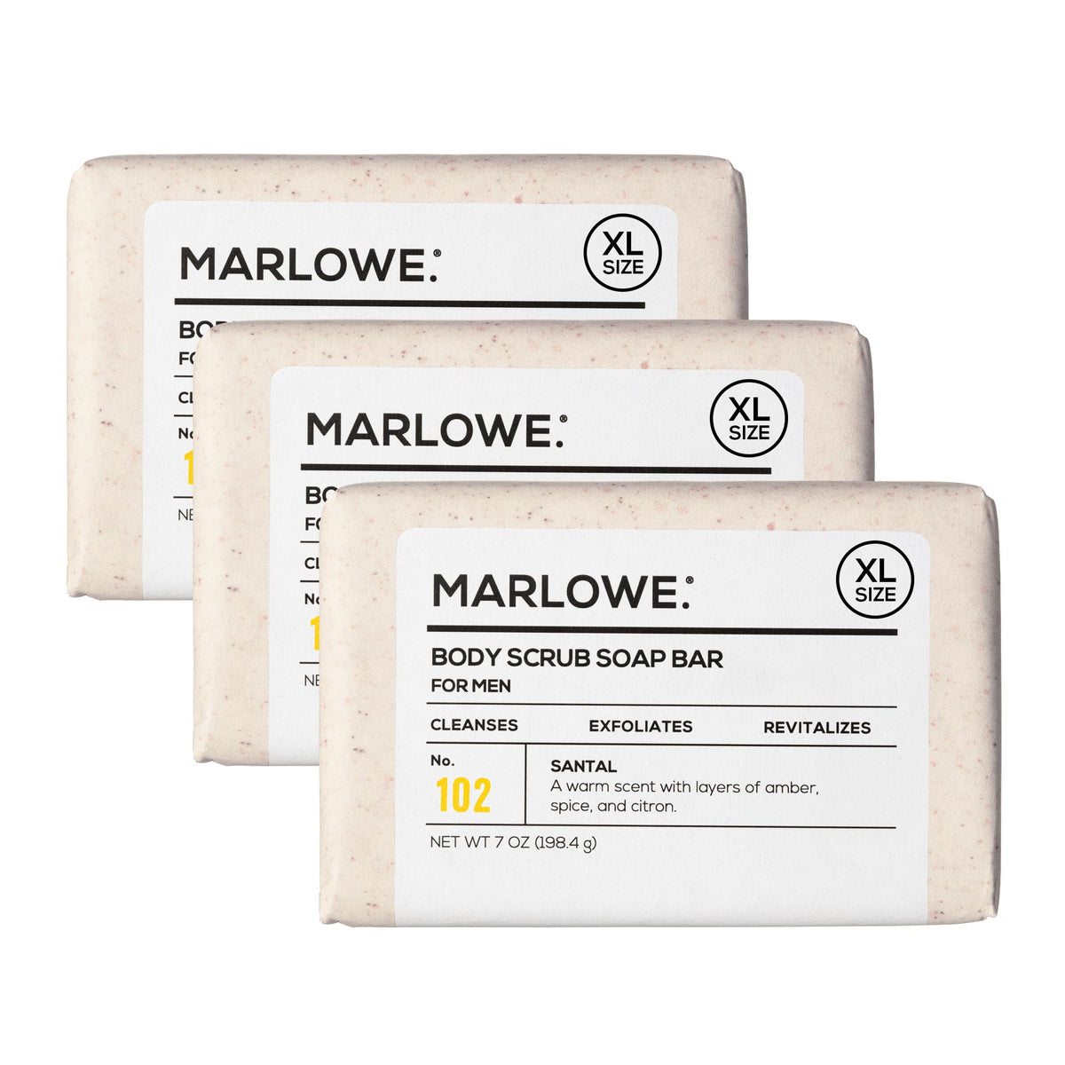 Marlowe No.102 Santal bar front closeup shows exfoliating texture for smoother skin.