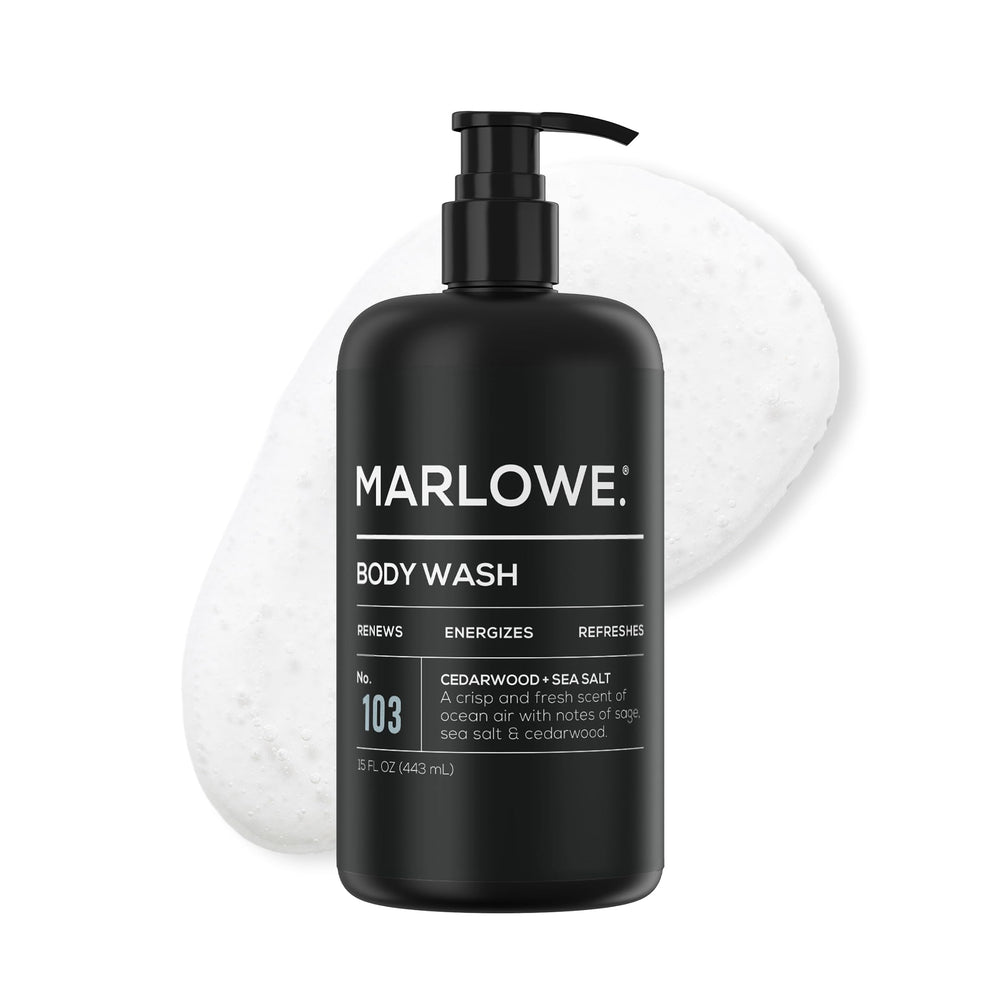 MARLOWE. No. 103 bottle shows cedarwood and sea salt for a refreshing shower.