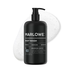 MARLOWE. No. 103 bottle shows cedarwood and sea salt for a refreshing shower.
