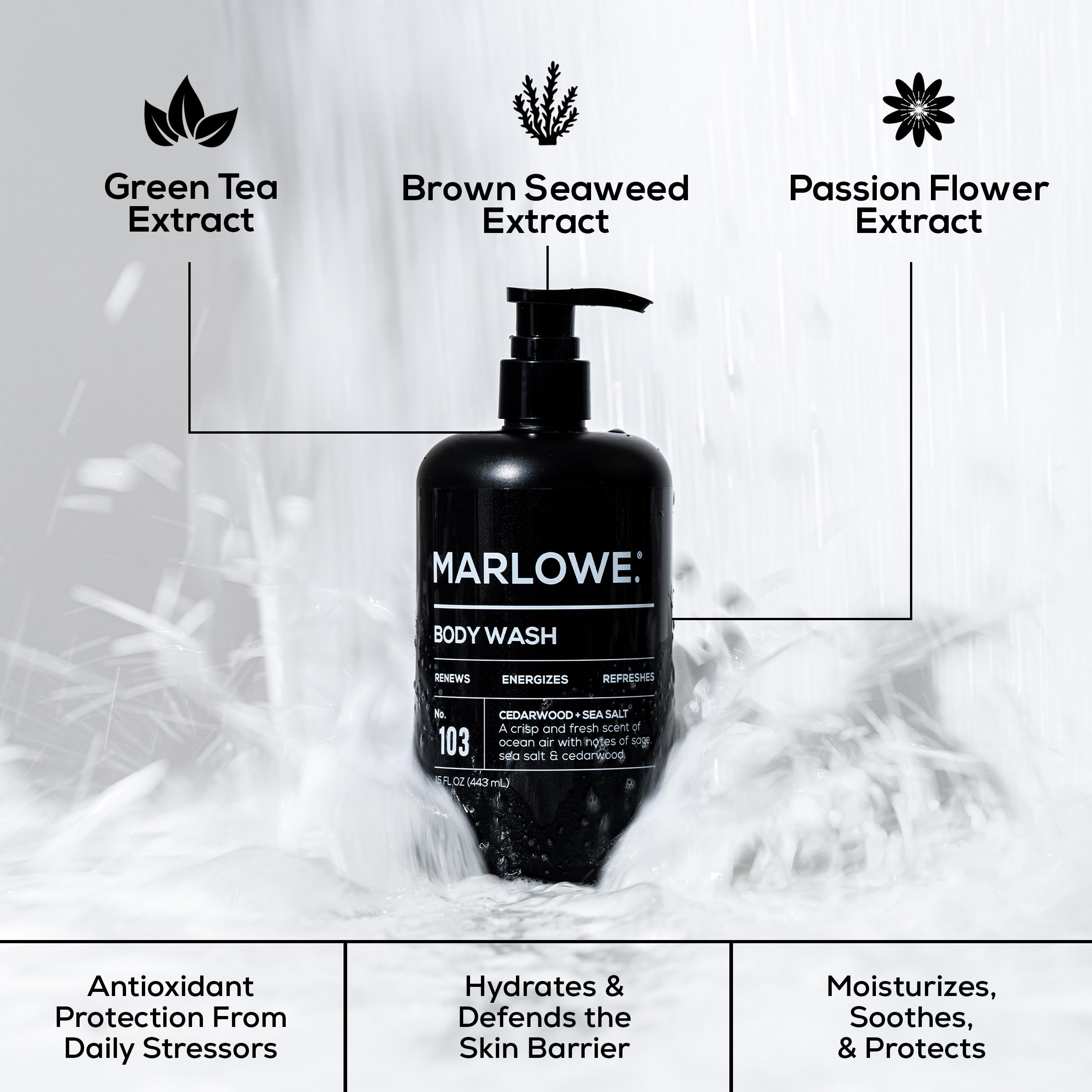 MARLOWE. No. 103 scent notes cedarwood, amber, and lemon for a fresh aroma.
