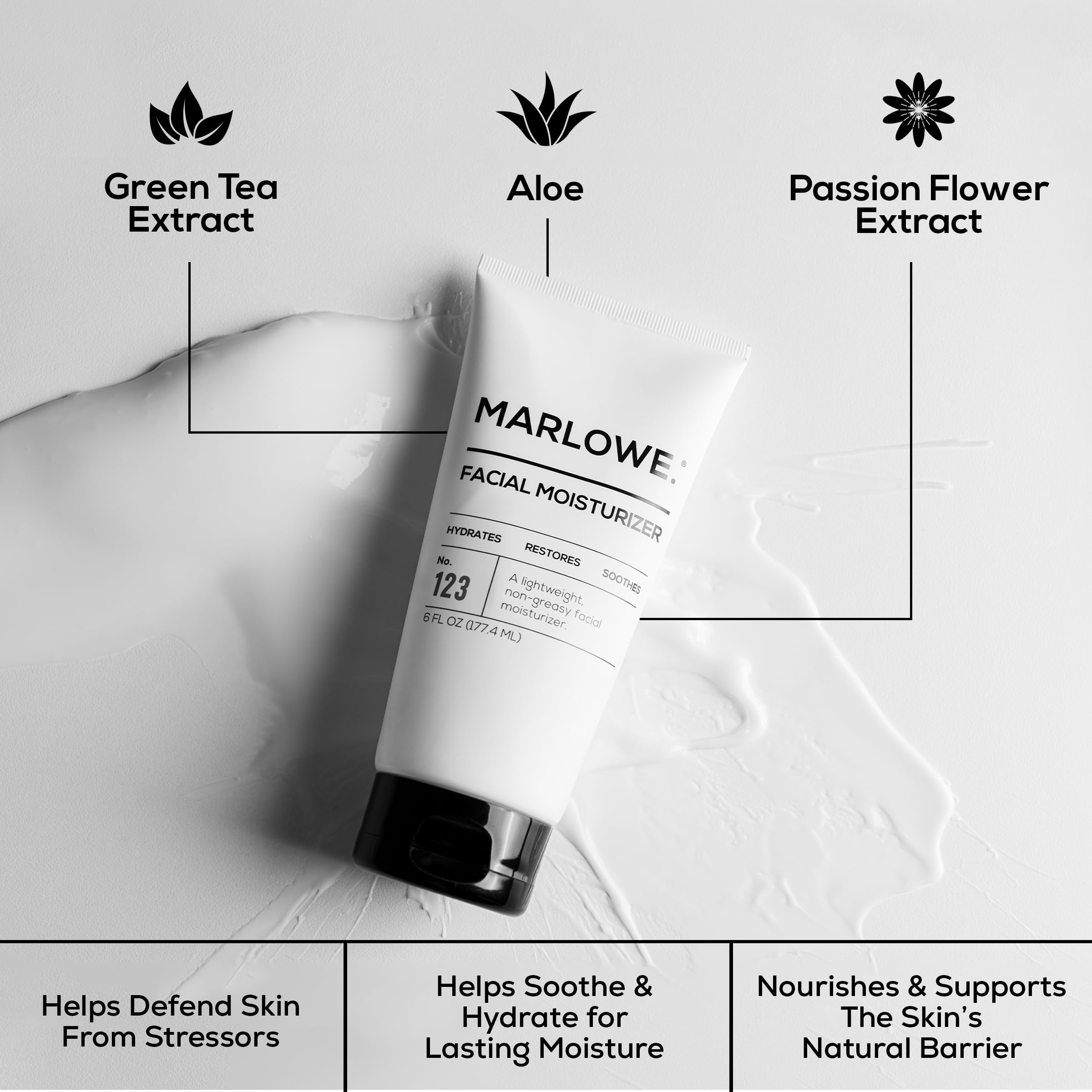 MARLOWE. No.123 aloe vera green tea ingredient swatch; nourishes without clogging pores.