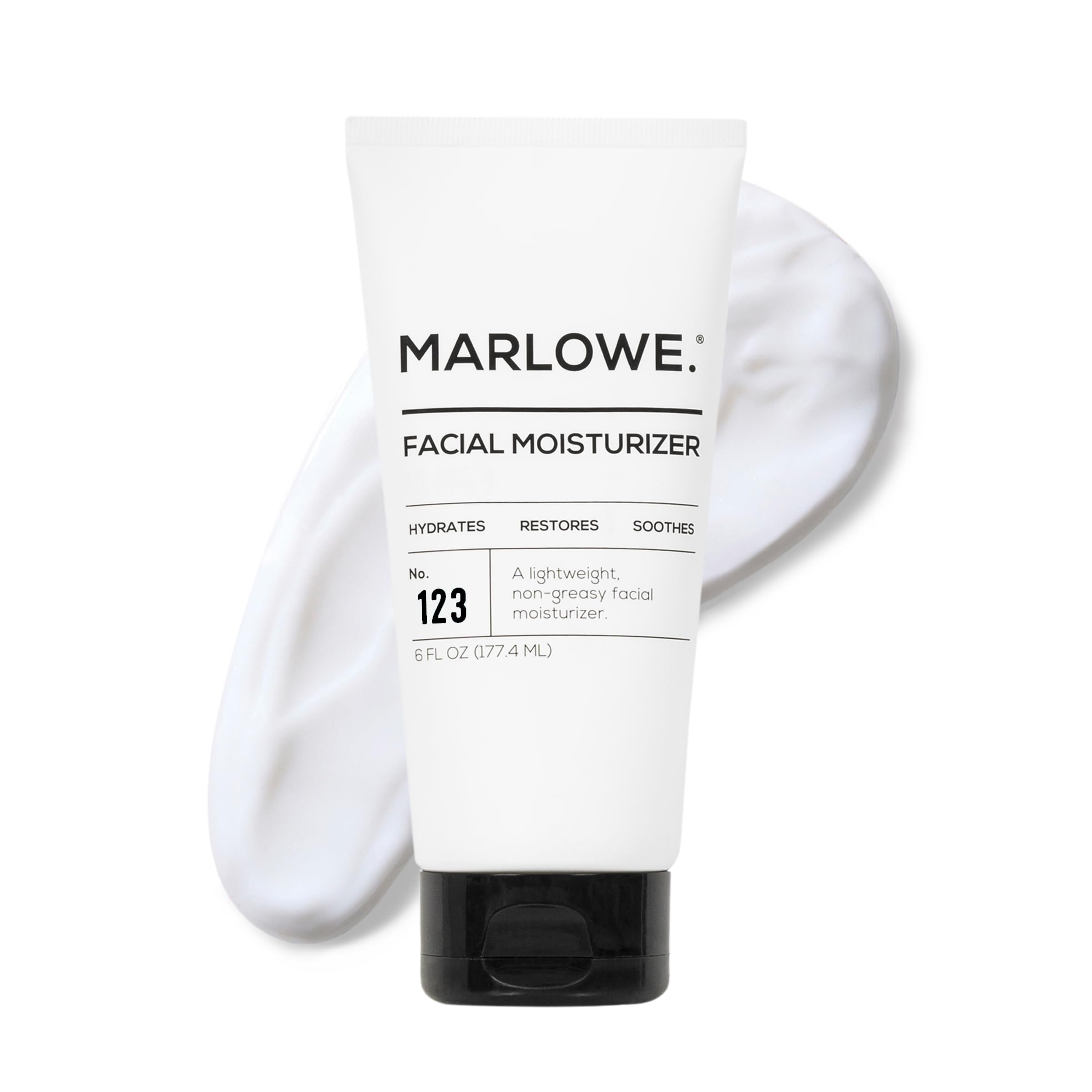 MARLOWE. No.123 face moisturizer bottle; lightweight hydration for daily skincare.