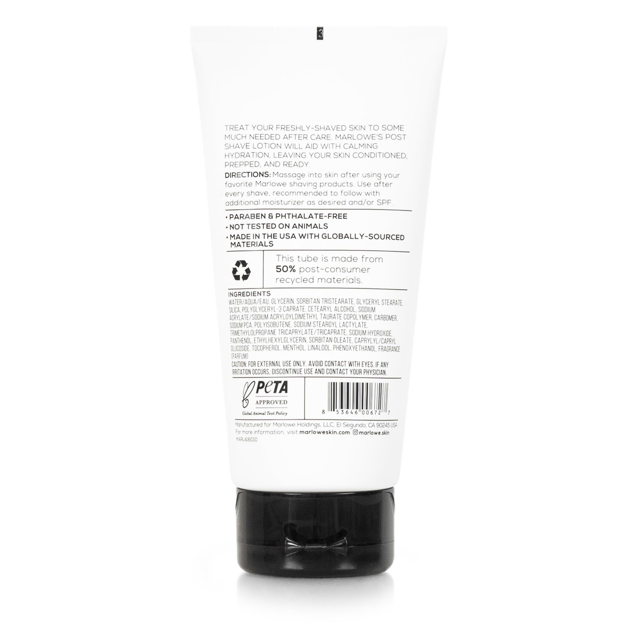 MARLOWE No.144 cap closeup highlighting clean packaging for post-shave care