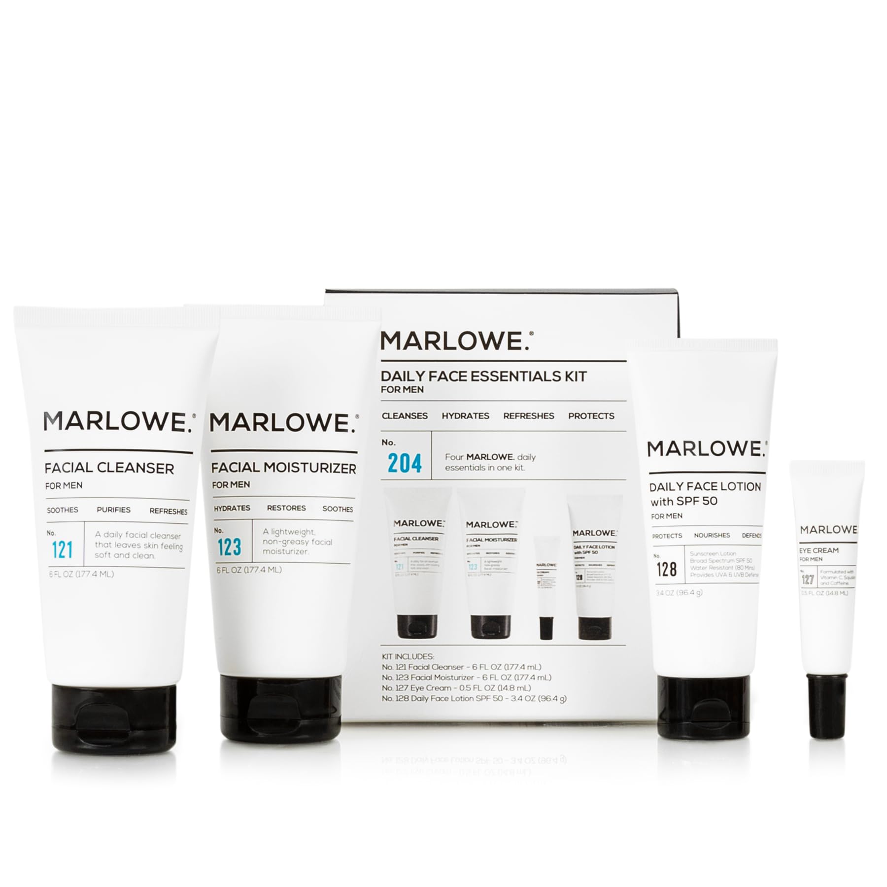 Marlowe No.204 daily essential face kit displaying complete morning grooming routine