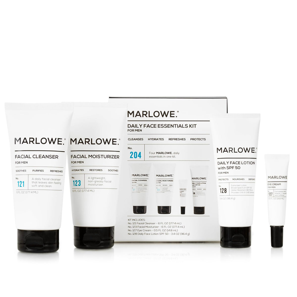 Marlowe No.204 daily essential face kit displaying complete morning grooming routine
