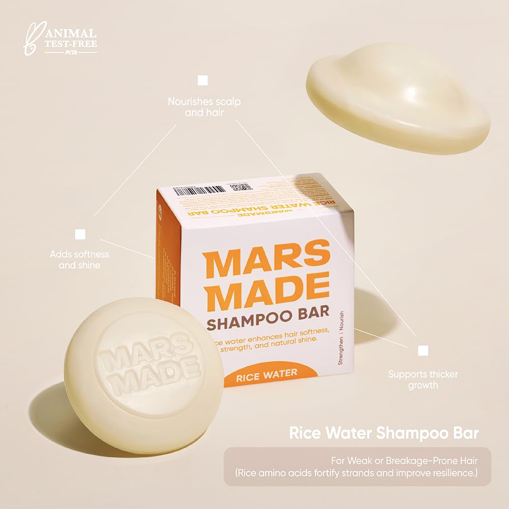 MARS MADE Rice Water Shampoo Bar 2.0 ingredients flatlay highlights rice water and olive oils.