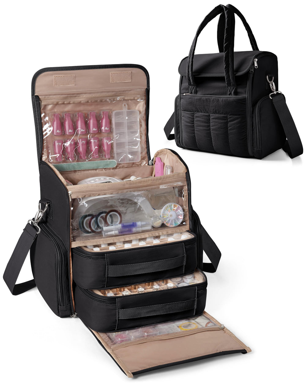 Marscamd Nail Polish Organizer Bag front view shows sleek black styling for professional on-the-go storage.