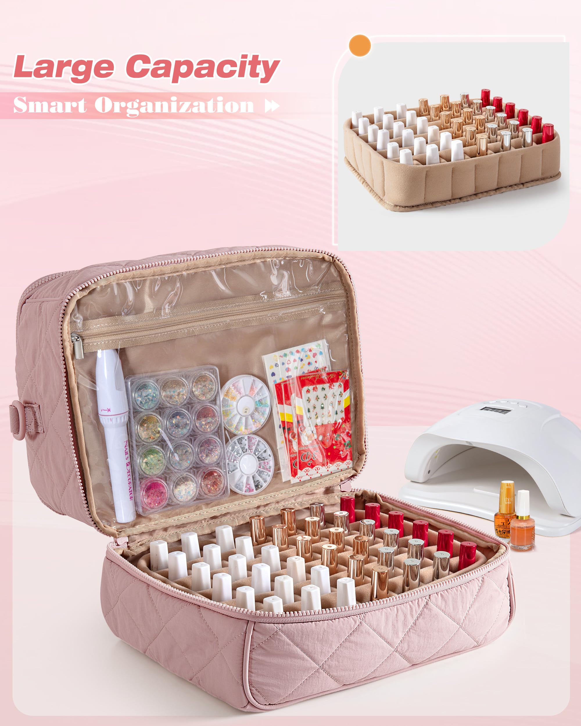 Marscamd Quilted Nail Polish Organizer Bag bottom divider protects up to 42 bottles.