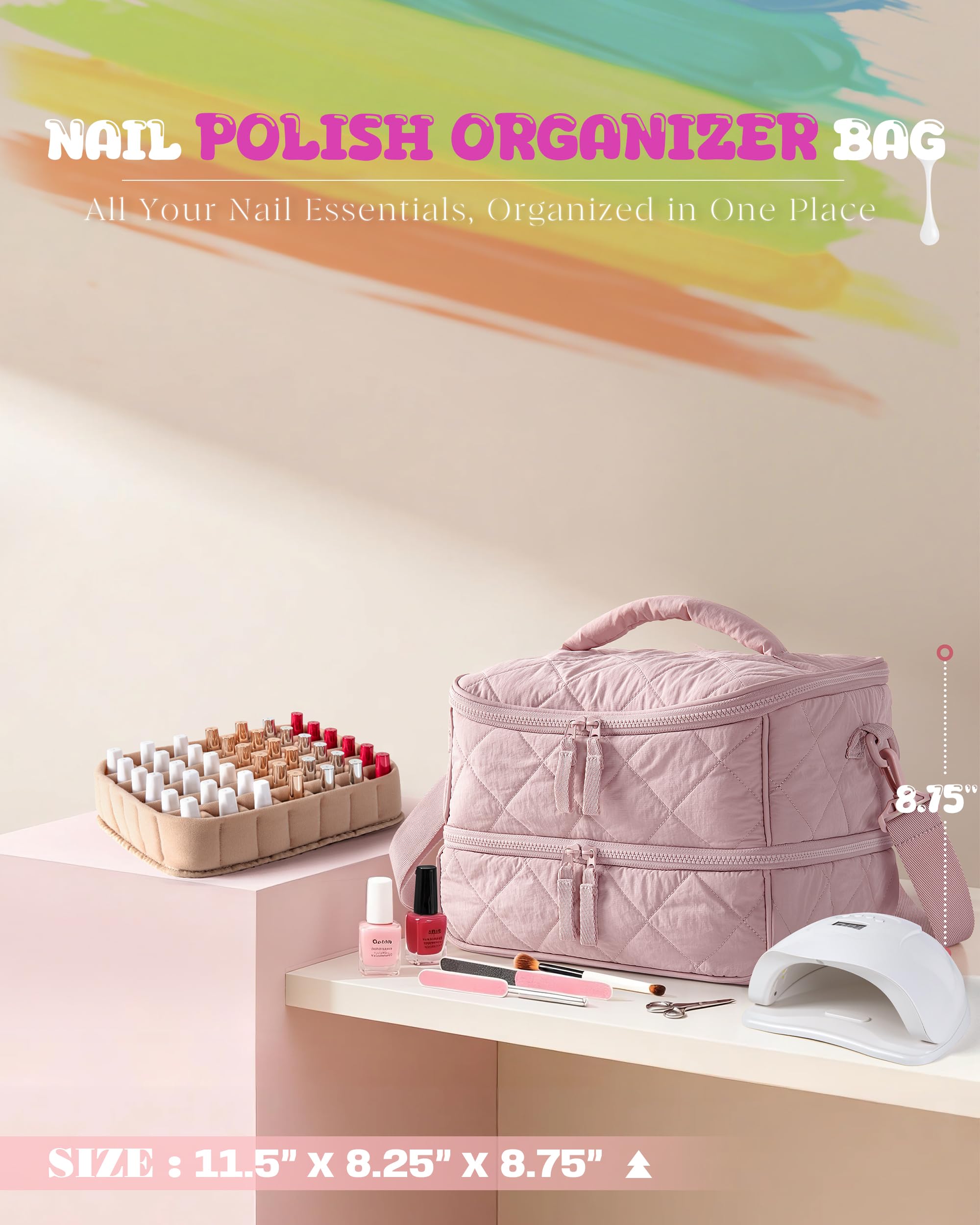 Marscamd Quilted Nail Polish Organizer Bag padded handle with shoulder strap.