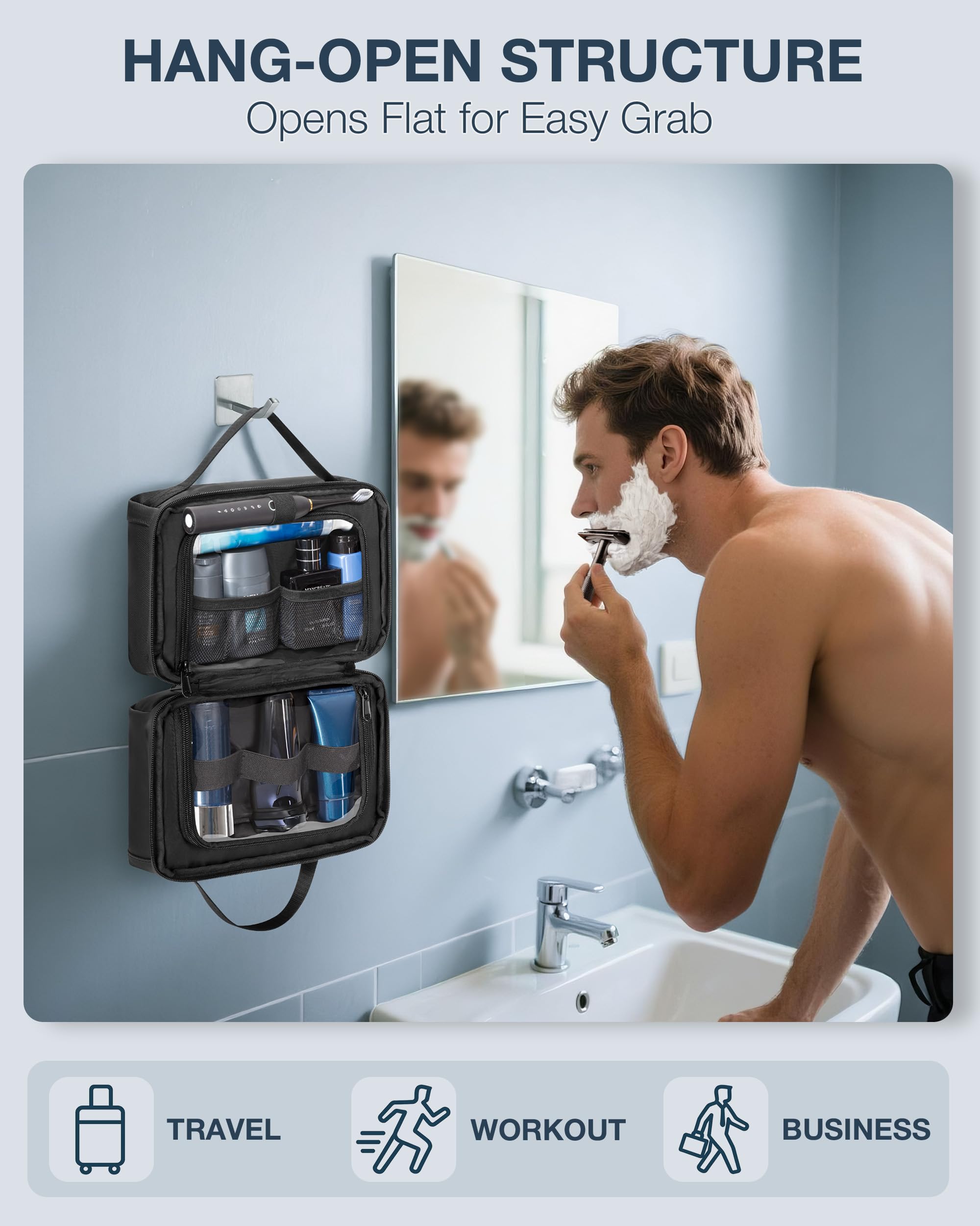Marscamd toiletry bag shows two sections view for fast item grab.