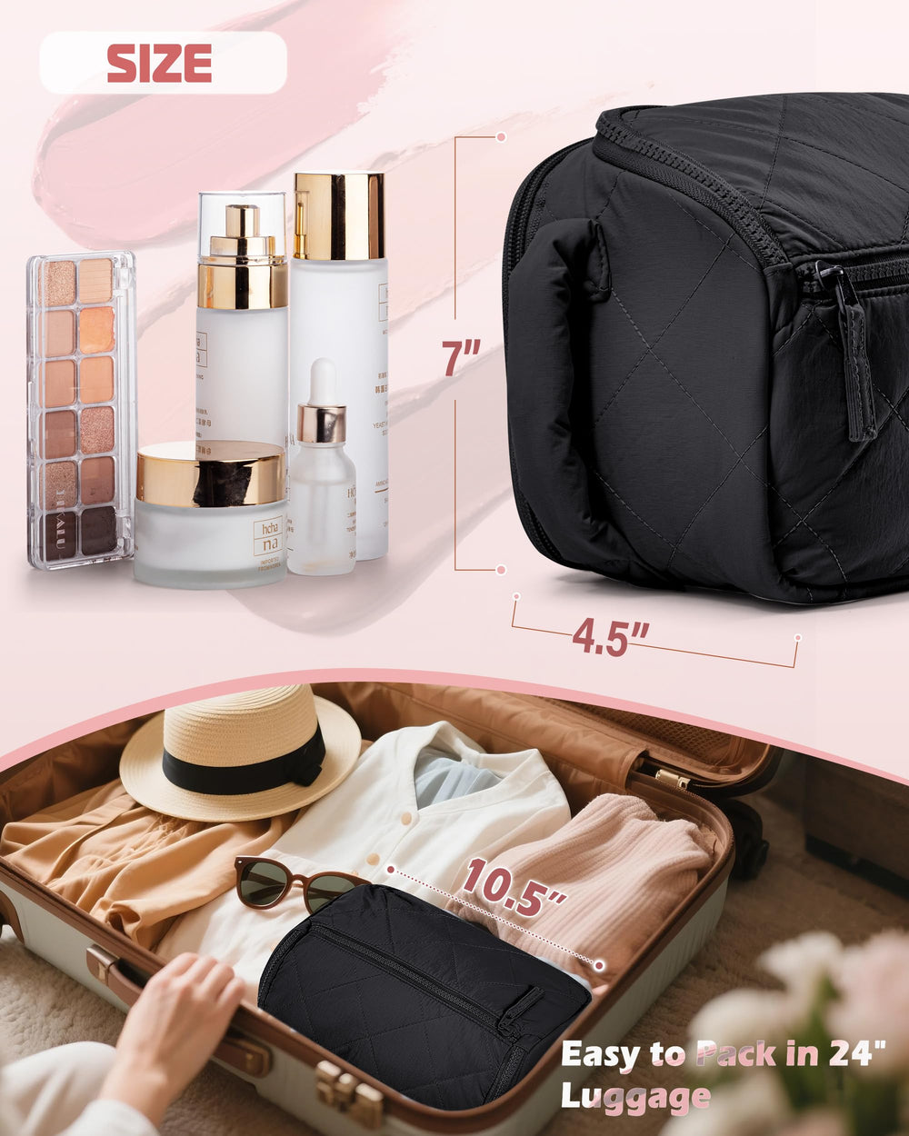 Marscamd travel toiletry bag dimensions show 10.5 by 4.5 by 6.5 inches, fits carry-ons.