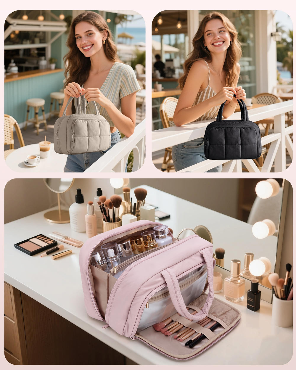 Marscamd bag shows mesh pockets and bands for neat skincare and makeup