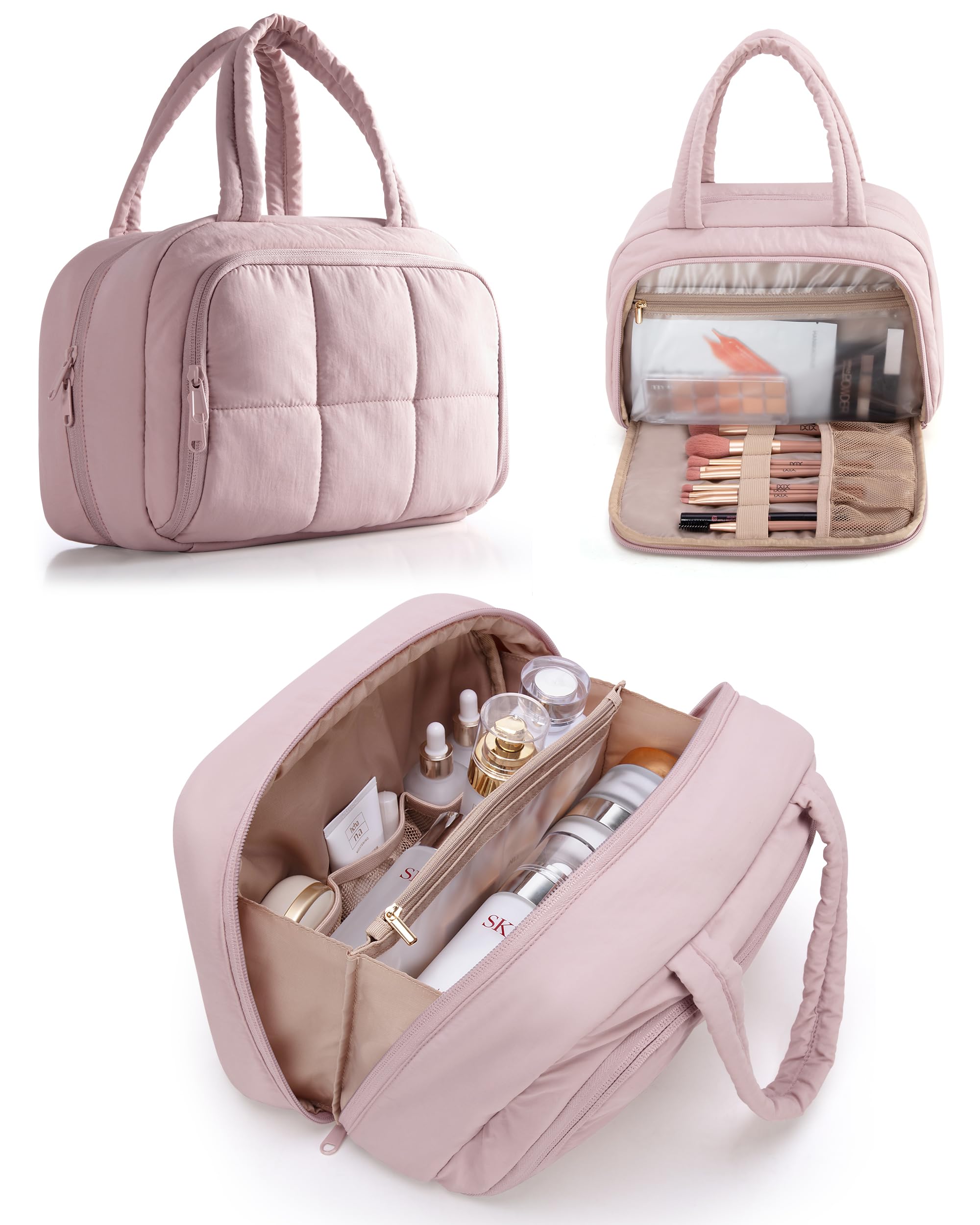 Marscamd travel toiletry bag pink front view shows organized compartments for easy access