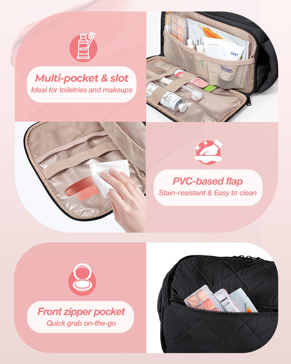 Marscamd bag features a stain-resistant flap that wipes clean after makeup and brushes.