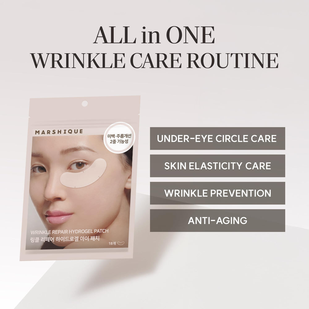 Marshique hydrogel under-eye patches on skin showing possible wrinkle improvement.
