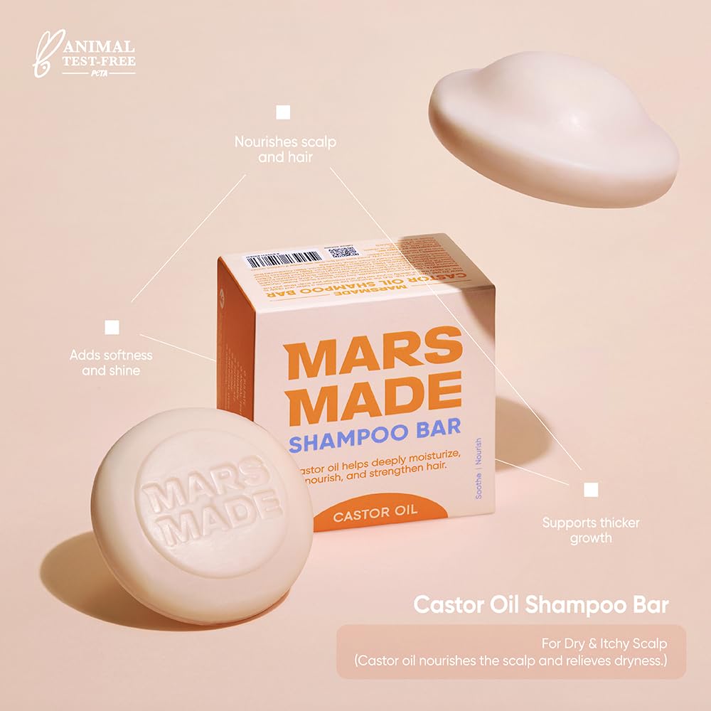 Mars Made Castor Oil Shampoo Bar ingredients visual highlights castor, jojoba, moringa for balanced nourishment.