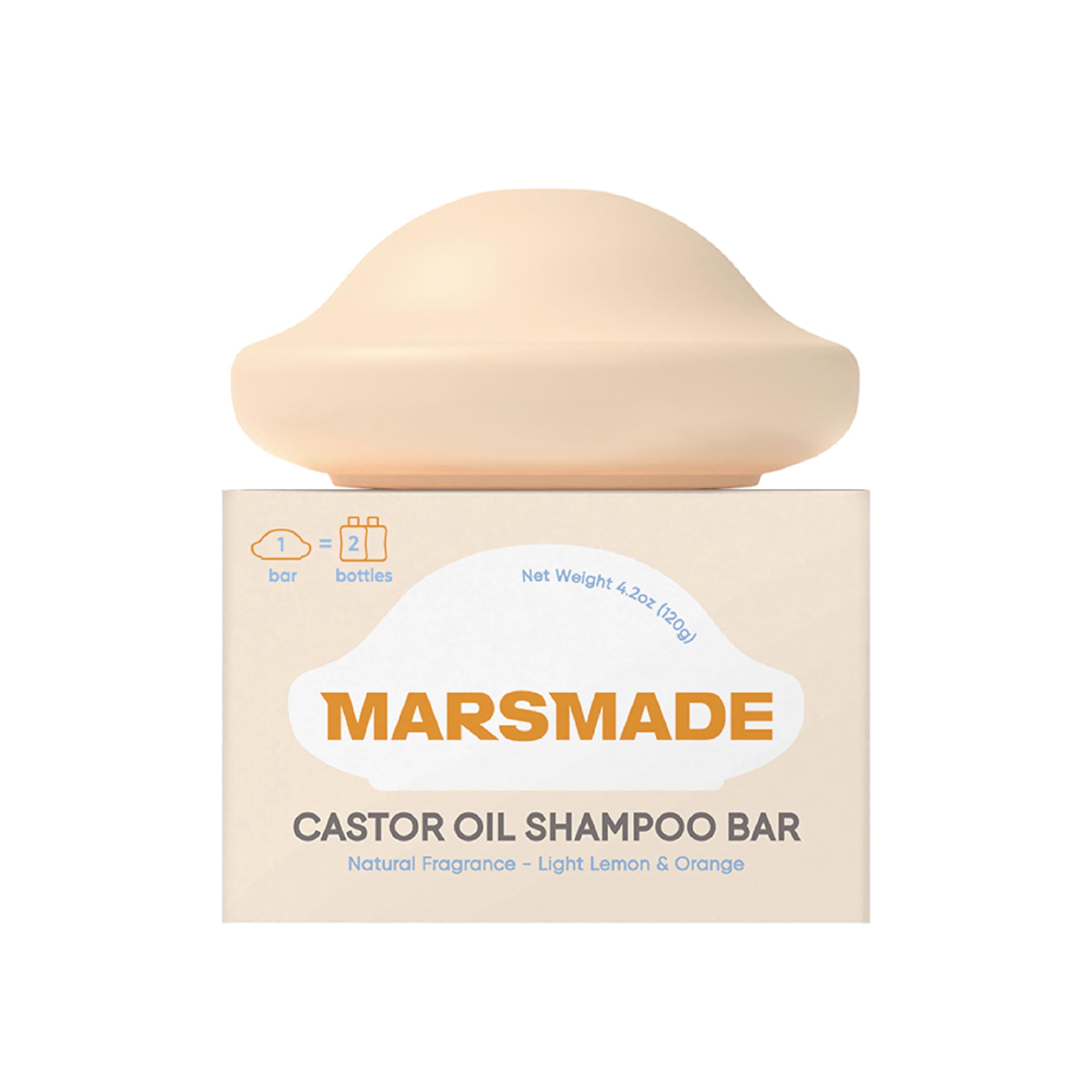 Mars Made Castor Oil Shampoo Bar packaging shows sustainable, bottle-free design for eco-conscious hair care.