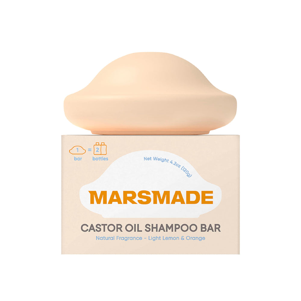 Mars Made Castor Oil Shampoo Bar packaging shows sustainable, bottle-free design for eco-conscious hair care.